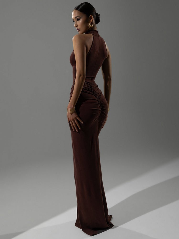 Elegant Ruched Halter Maxi Dress - HalleBeauty